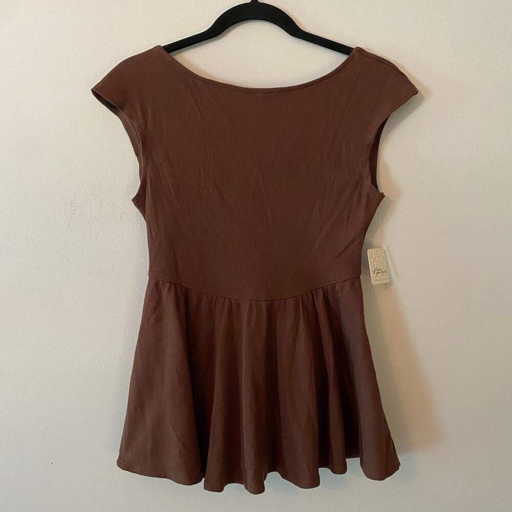 NWT Free People Chocolate Brown Ribbed Blouse Cap Sleeve Peplum Women size Small